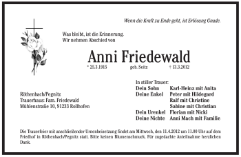 Traueranzeige von Anni Friedewald von Pegnitz-Zeitung